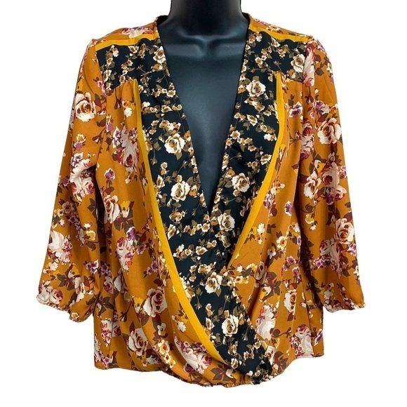 Petite Small Zac And Rachel Mustard Yellow Floral Draped Flowy Blouse 4 6 - Picture 1 of 9